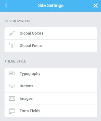 Elementor site settings panel